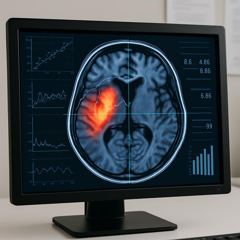 A medical monitor displays a brain MRI report, featuring an orange spot that indicates a problem area.