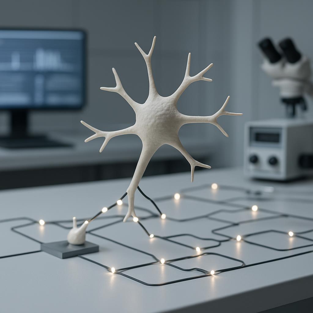 A 3D neuron model is connected to circuitry with glowing lights.
