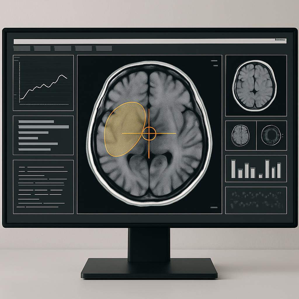 A computer monitor displaying a brain MRI, highlighting a tumor.