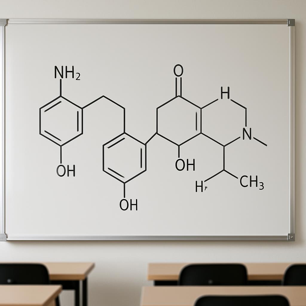 SAMEC pertaining to a whiteboard displaying a molecular compound with two classroom desks.