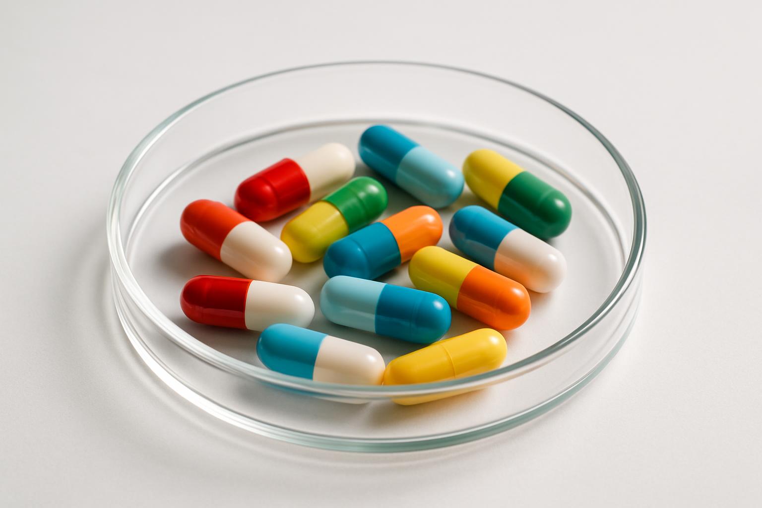 These are some multicolored pills on a glass dish.