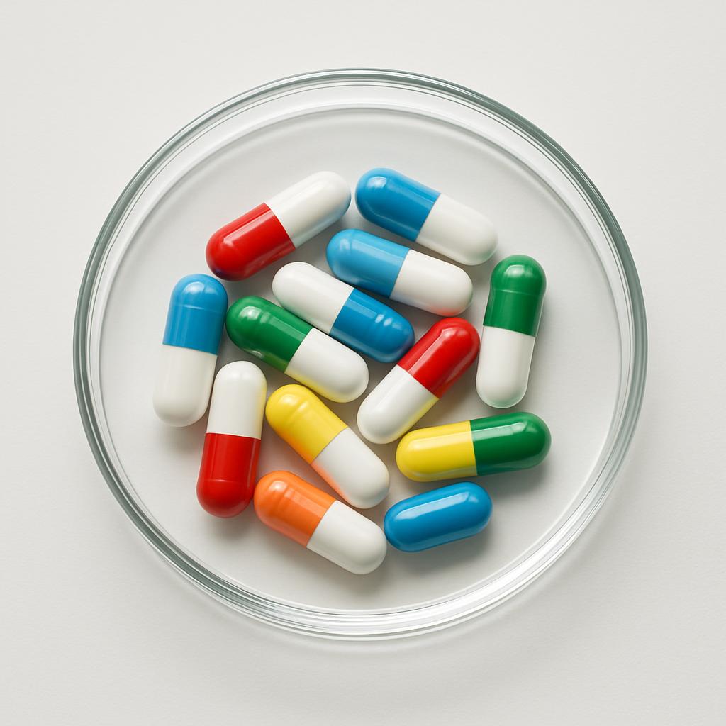 The alt text for the image is "Multi-colored capsules in a dish on white background."